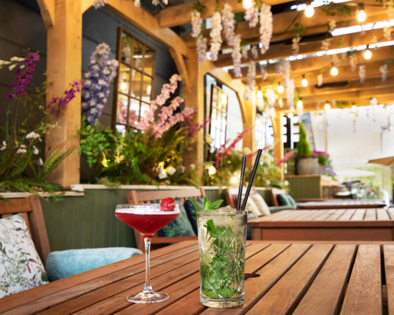 Cocktails on the outside terrace area at The Castle Hotel