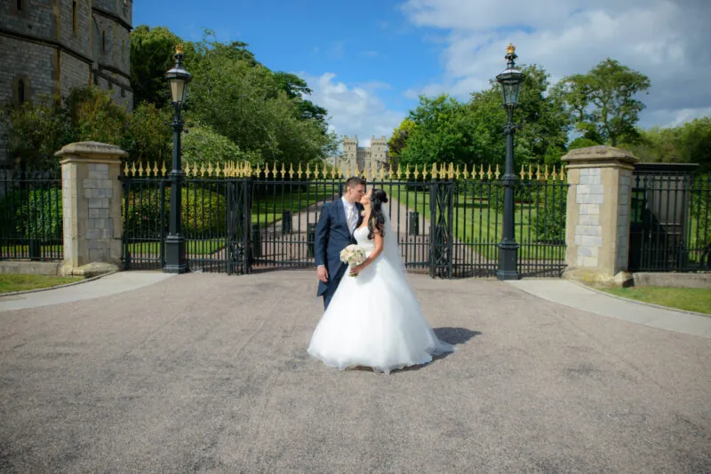 Bride and groom outside Windsor Castle