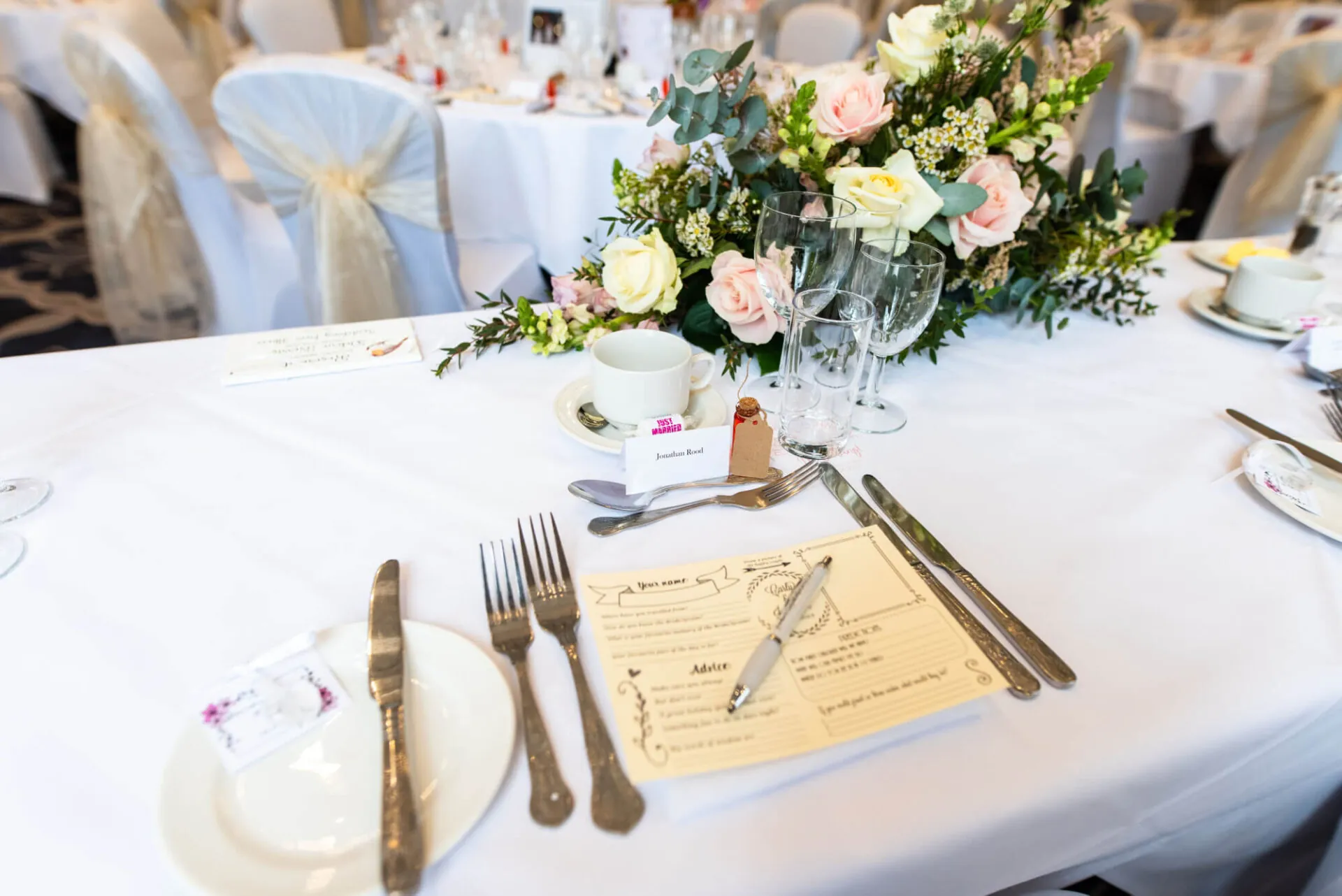 Carly Rood wedding breakfast table close up The Castle Hotel