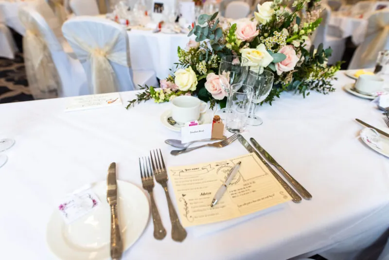 Carly Rood wedding breakfast table close up The Castle Hotel