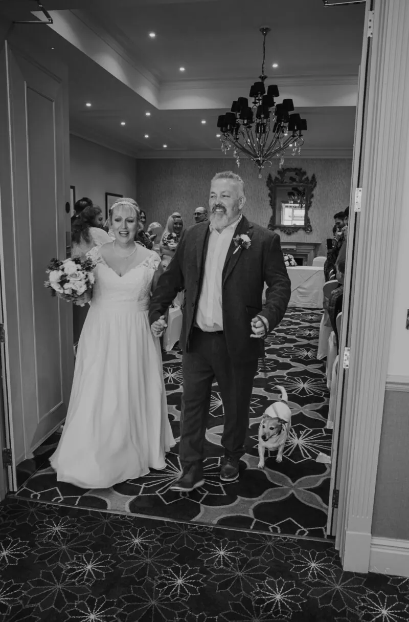 Karen Robins bride and groom and dog The Castle Hotel