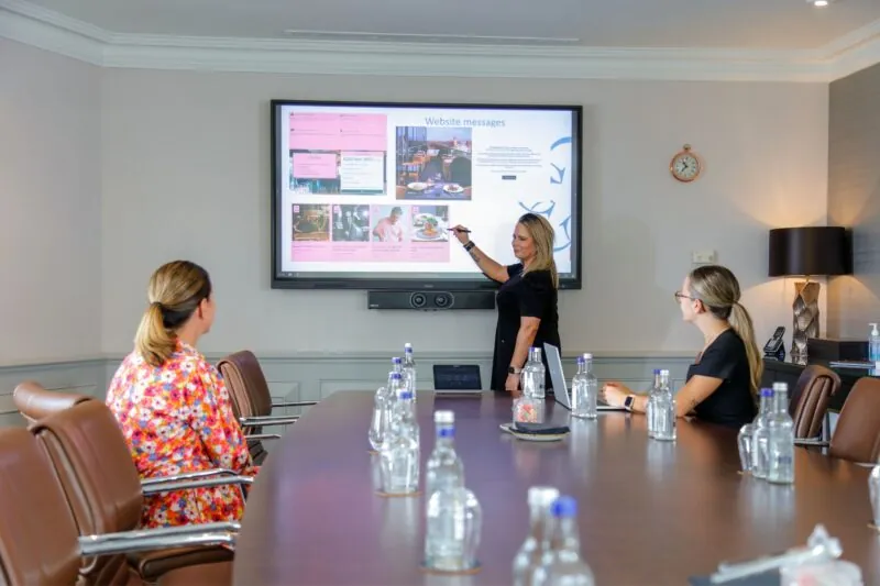 The Castle Hotel Bleheim meeting room people using the interactive screen